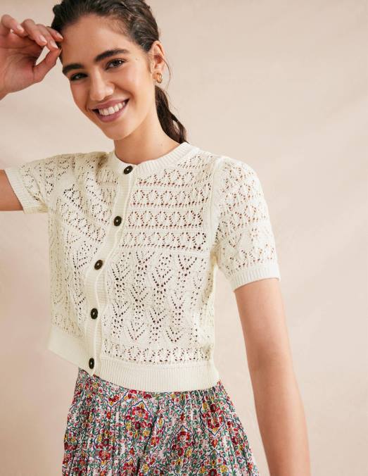 Boden vêtements ivoire chaud femmes cardigan à col rond en pointelle LB2X2106