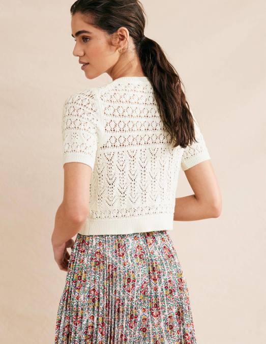 Boden vêtements ivoire chaud femmes cardigan à col rond en pointelle LB2X2106