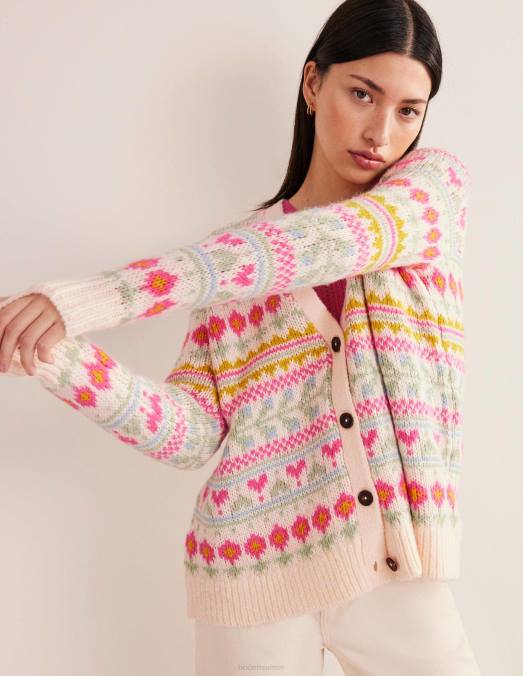 Boden vêtements ivoire et multi fairisle femmes cardigan moelleux en jacquard LB2X1739