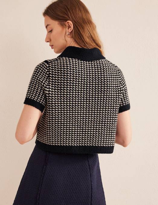 Boden vêtements jacquard géo bleu marine femmes cardigan court à manches courtes LB2X1508