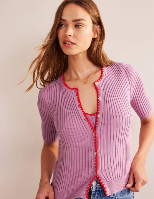 Boden vêtements lavande douce femmes cardigan côtelé à finitions en crochet LB2X619