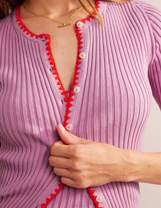 Boden vêtements lavande douce femmes cardigan côtelé à finitions en crochet LB2X619