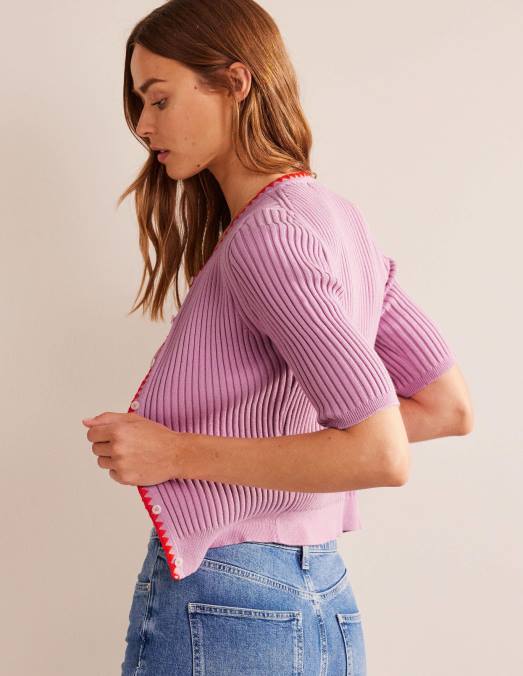 Boden vêtements lavande douce femmes cardigan côtelé à finitions en crochet LB2X619