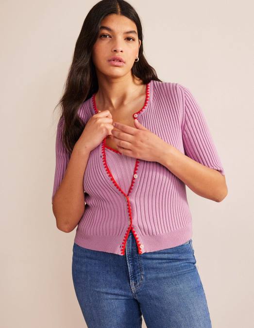 Boden vêtements lavande douce femmes cardigan côtelé à finitions en crochet LB2X619