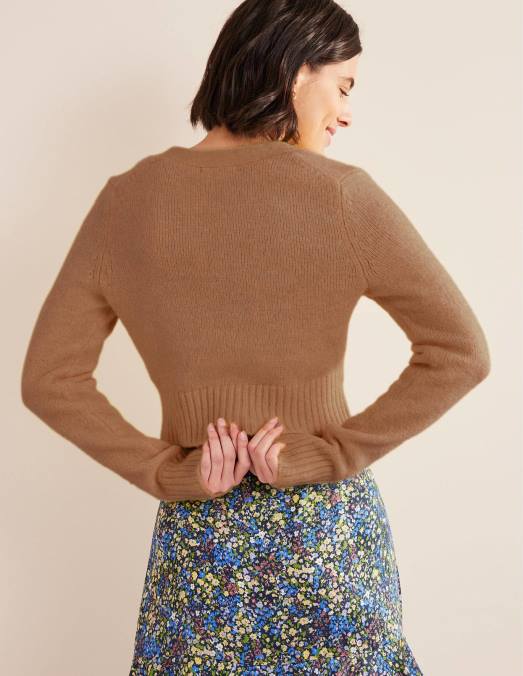 Boden vêtements mélange de chameau femmes cardigan court duveteux à col V LB2X1817