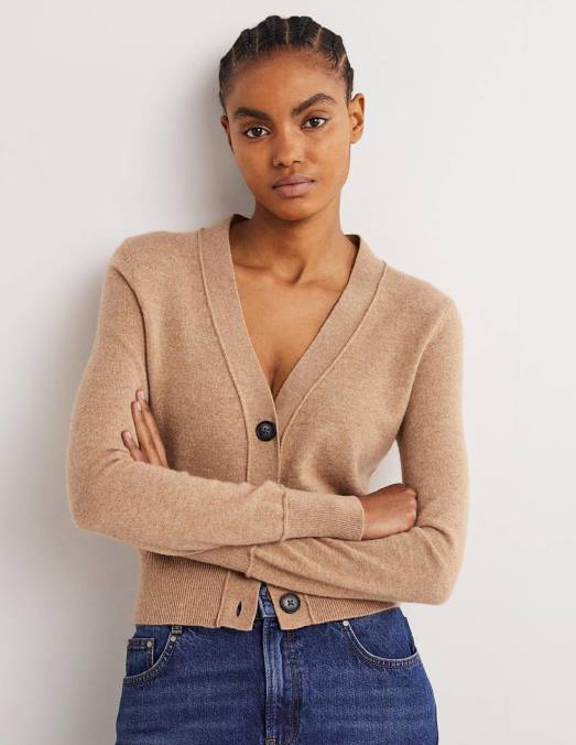 Boden vêtements mélange de chameau femmes cardigan court en V en cachemire LB2X1610