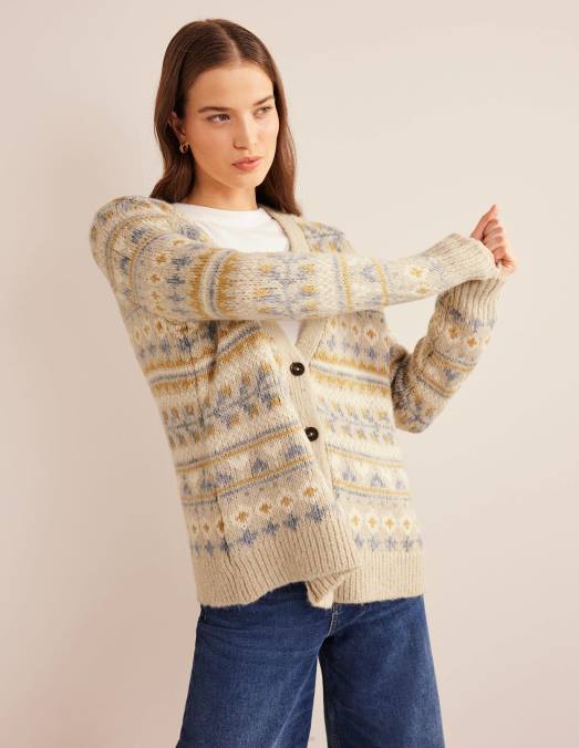 Boden vêtements mélange de flocons d'avoine fairisle femmes cardigan moelleux en jacquard LB2X1611