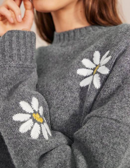 Boden vêtements mélange gris foncé femmes pull en laine à ornements LB2X1269