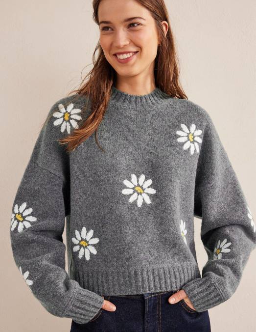 Boden vêtements mélange gris foncé femmes pull en laine à ornements LB2X1269