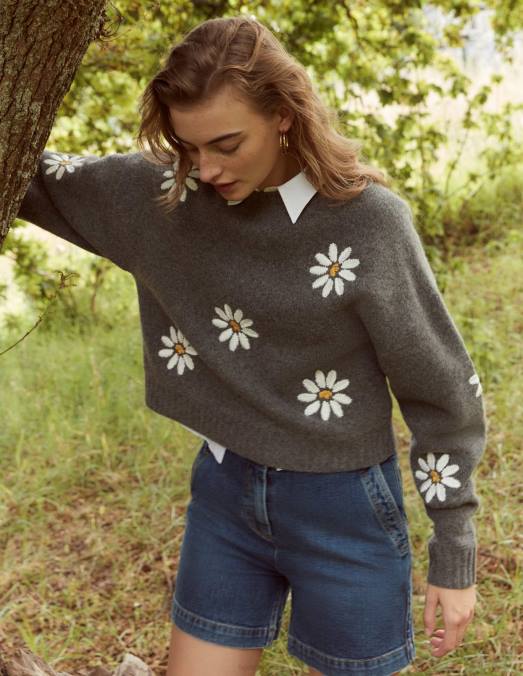 Boden vêtements mélange gris foncé femmes pull en laine à ornements LB2X1269