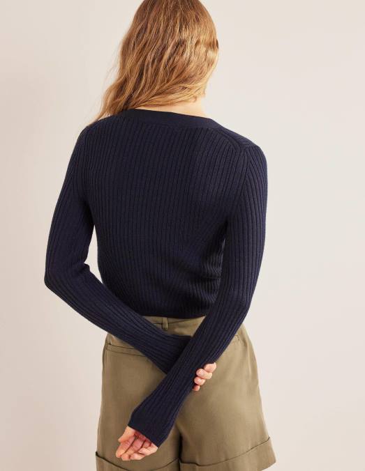Boden vêtements marine femmes cardigan côtelé court en mérinos LB2X1719