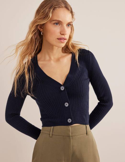 Boden vêtements marine femmes cardigan côtelé court en mérinos LB2X1719