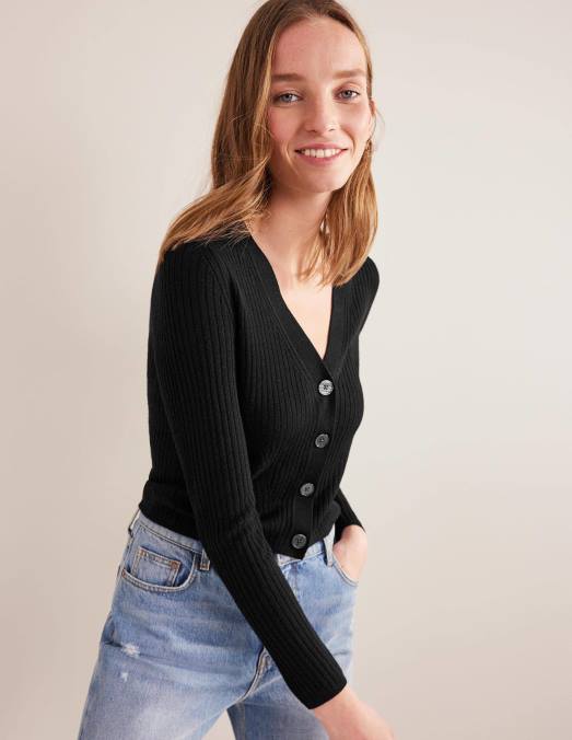 Boden vêtements noir femmes cardigan en mérinos côtelé LB2X1291