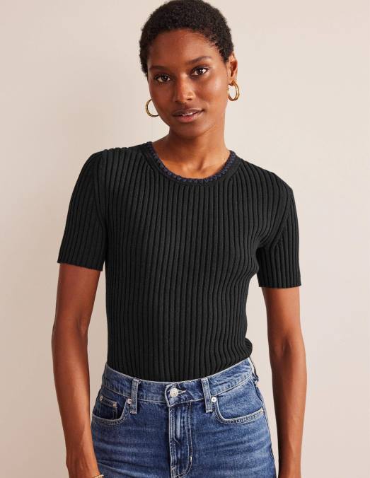 Boden vêtements noir femmes t-shirt en maille à finitions en crochet LB2X631