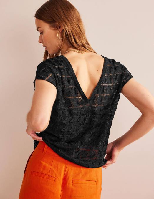 Boden vêtements noir métallisé femmes haut de plage en maille à col en V LB2X626