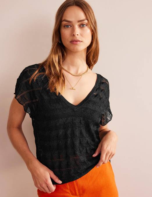 Boden vêtements noir métallisé femmes haut de plage en maille à col en V LB2X626