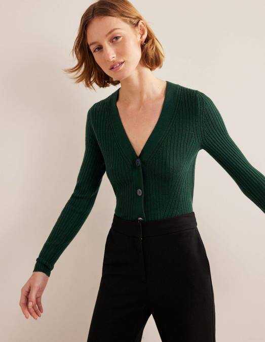 Boden vêtements nuit d'émeraude femmes cardigan côtelé court en mérinos LB2X1649