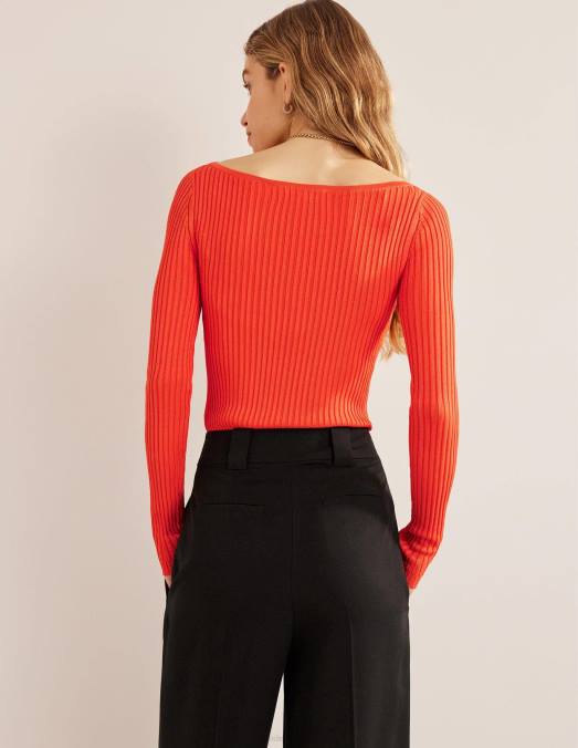 Boden vêtements rouge vermillon femmes pull côtelé à col bateau LB2X1723