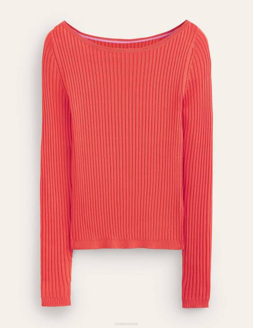 Boden vêtements rouge vermillon femmes pull côtelé à col bateau LB2X1723