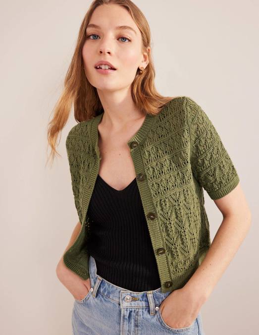 Boden vêtements vert épicéa femmes cardigan à col rond en pointelle LB2X2114