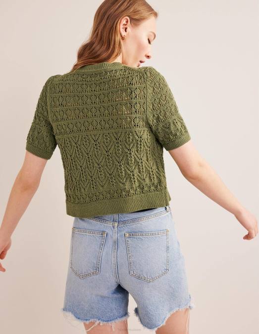 Boden vêtements vert épicéa femmes cardigan à col rond en pointelle LB2X2114