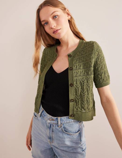 Boden vêtements vert épicéa femmes cardigan à col rond en pointelle LB2X2114