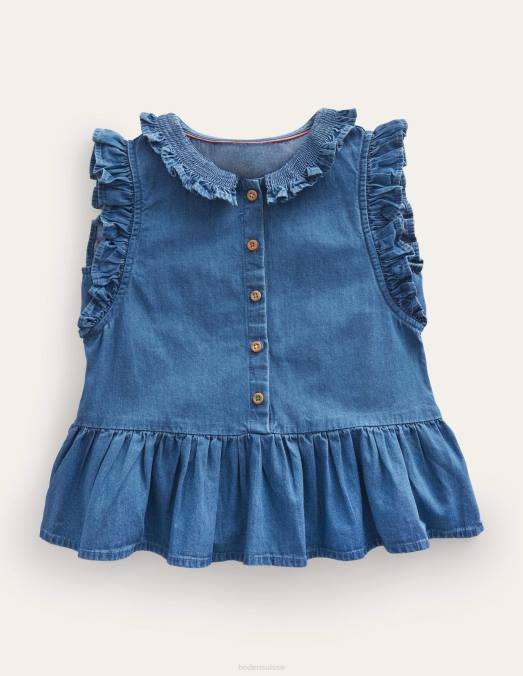 Boden vêtements chambray bleu filles blouse en chambray à manches volantées LB2X3056