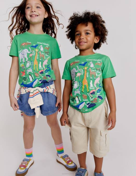 Boden vêtements alphabet animal vert aloès filles t-shirt d'éducation animale LB2X3128