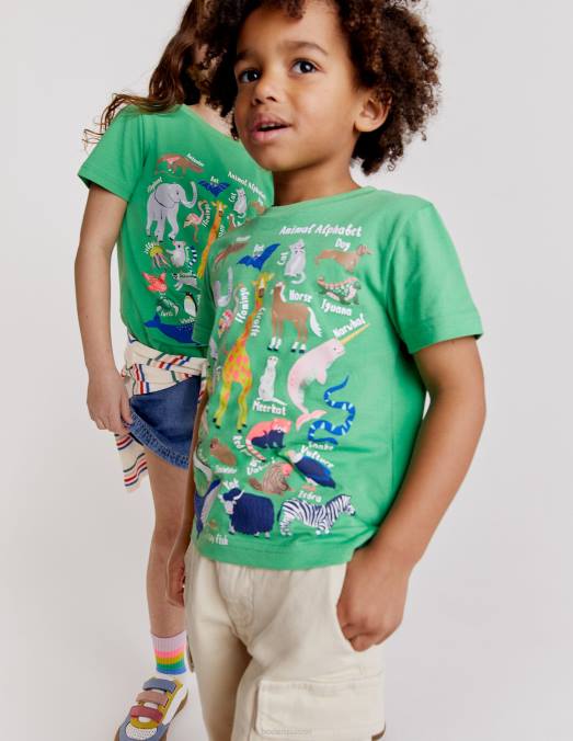 Boden vêtements alphabet animal vert aloès filles t-shirt d'éducation animale LB2X3128