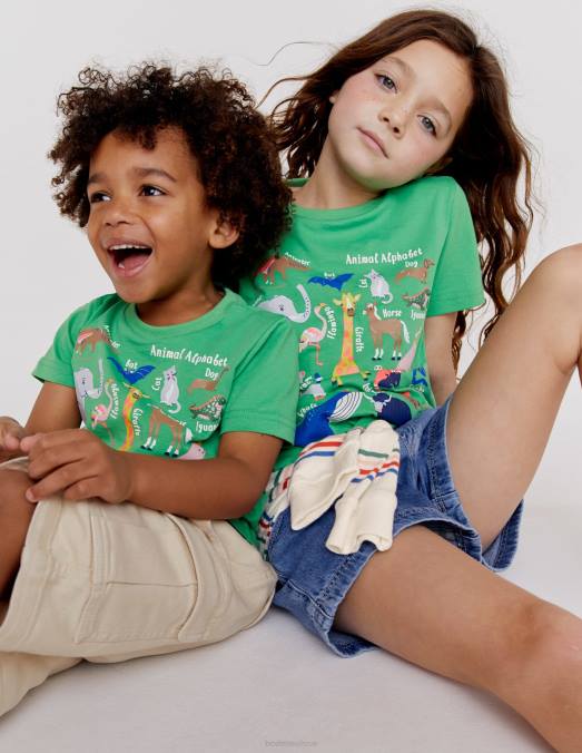 Boden vêtements alphabet animal vert aloès filles t-shirt d'éducation animale LB2X3128
