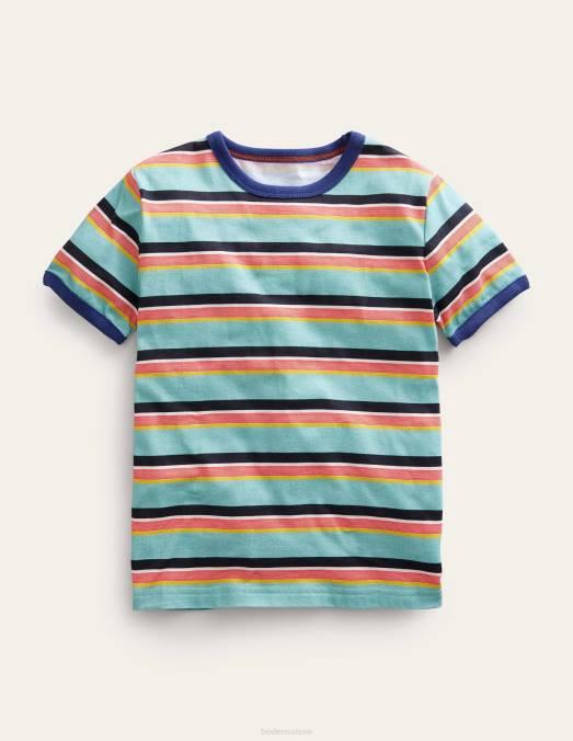 Boden vêtements aqua mer bleu/multi filles t-shirt à rayures rétro LB2X3030