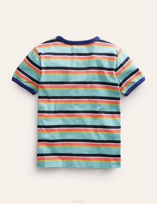 Boden vêtements aqua mer bleu/multi filles t-shirt à rayures rétro LB2X3030