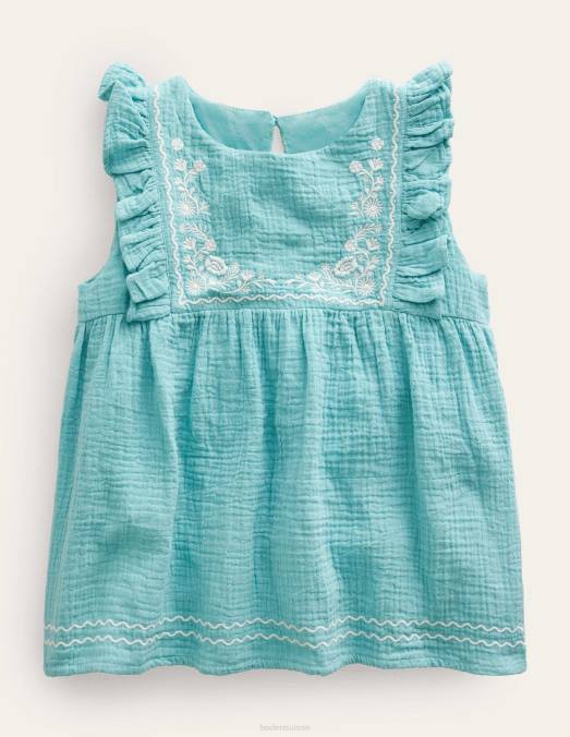 Boden vêtements aqua mer filles haut en tissu double brodé LB2X2999