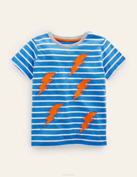 Boden vêtements bleu cabana/ivoire éclaircissant filles t-shirt à appliqué inversé LB2X3201