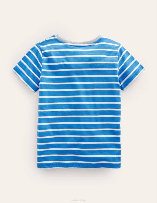 Boden vêtements bleu cabana/ivoire éclaircissant filles t-shirt à appliqué inversé LB2X3201