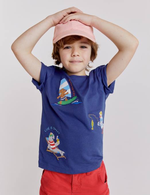 Boden vêtements bleu tribord souple filles mini t-shirt amusant à appliqués LB2X3020