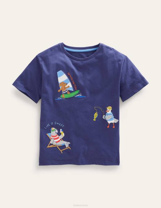 Boden vêtements bleu tribord souple filles mini t-shirt amusant à appliqués LB2X3020