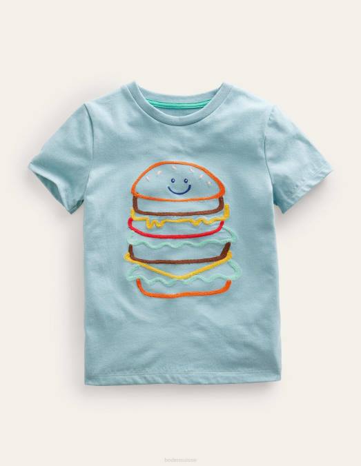 Boden vêtements burger bleu tourmaline filles t-shirt à logo en point de chaînette LB2X3060
