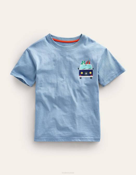 Boden vêtements caillou Bleu filles t-shirt avec logo devant et derrière LB2X3000
