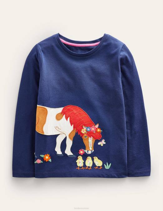 Boden vêtements cheval bleu tribord filles haut à manches longues avec appliqué LB2X2869