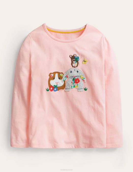 Boden vêtements cochon d'inde rose filles haut à manches longues avec appliqué LB2X3078