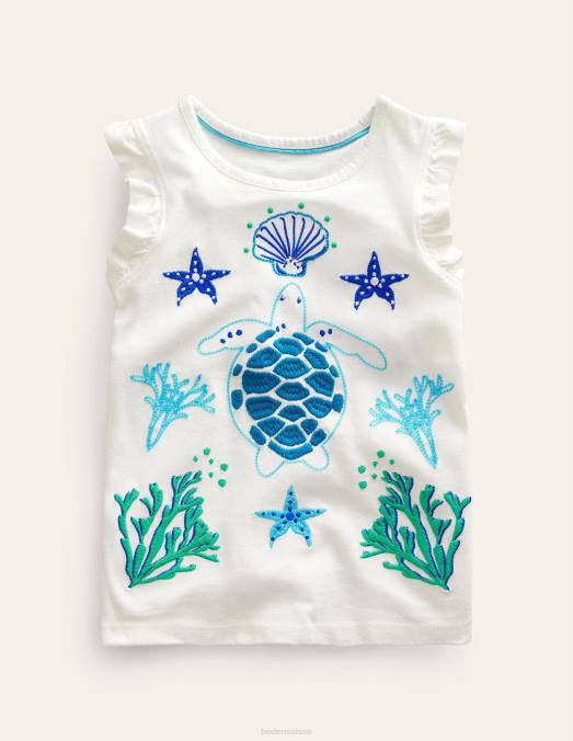 Boden vêtements gousse de vanille filles t-shirt à volants et surpiqûres LB2X2810