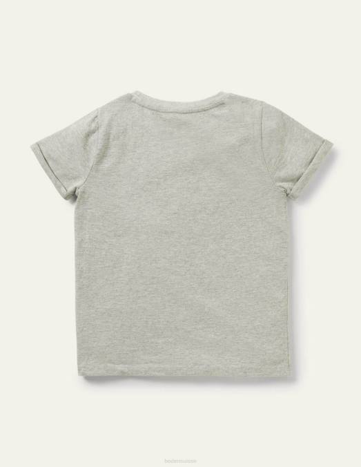 Boden vêtements gris chiné filles t-shirt flammé à poche étoilée LB2X2733