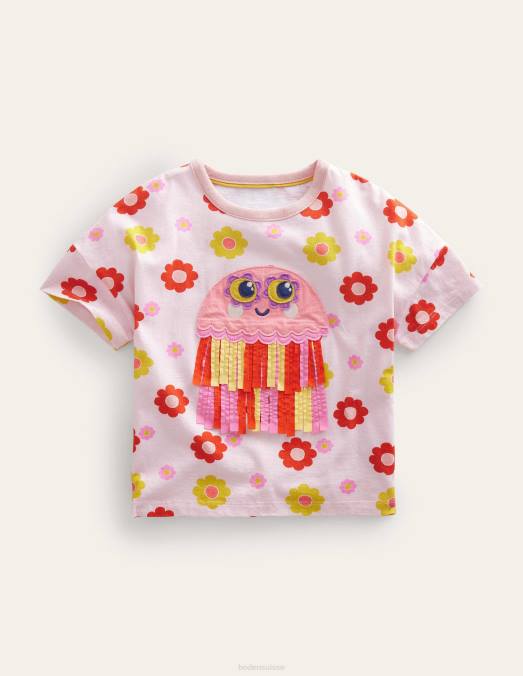 Boden vêtements méduse rouge feu filles haut à motif méduse flottant et appliqué LB2X2872