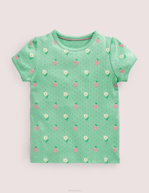 Boden vêtements marguerites vertes/fraises filles haut à manches courtes en pointelle LB2X3159