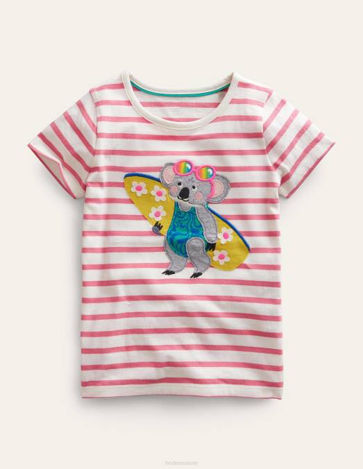 Boden vêtements pêche punch rose/ivoire filles t-shirt à appliqué LB2X3033