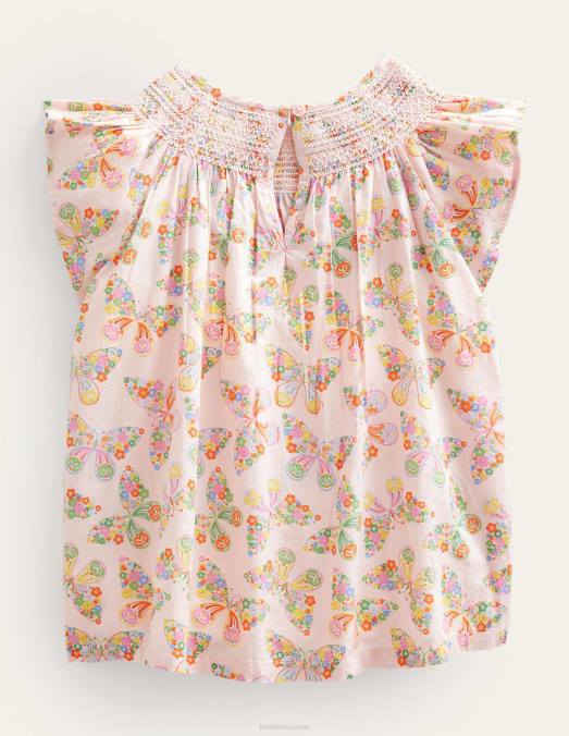 Boden vêtements papillons roses poussiéreux filles haut smocké tissé LB2X3166