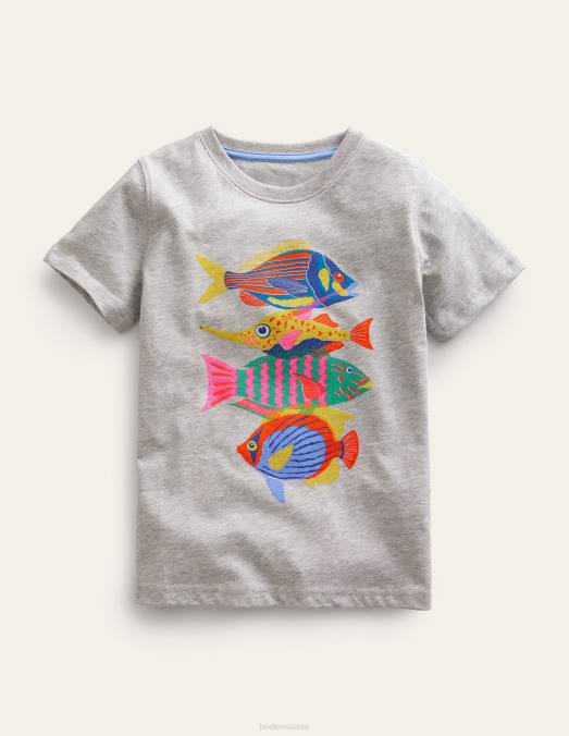 Boden vêtements poisson de marne argentée filles t-shirt en coton à imprimé graphique LB2X3122