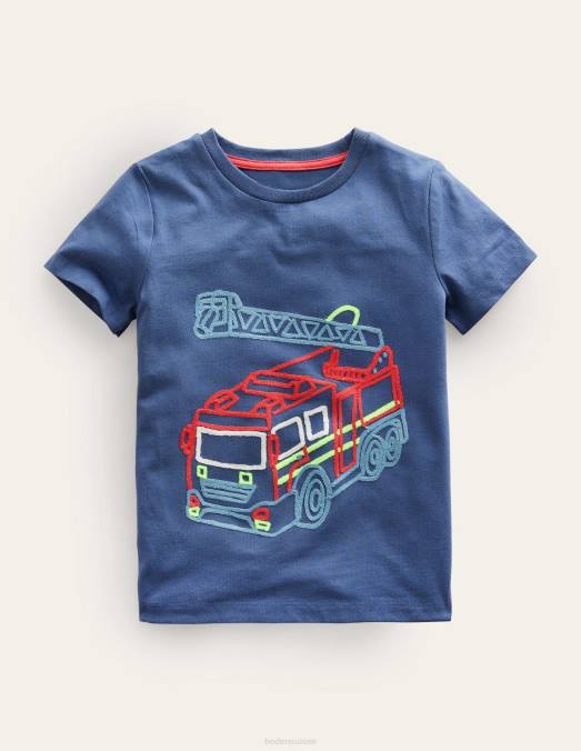 Boden vêtements robot pompier bleu filles t-shirt à logo en point de chaînette LB2X3025
