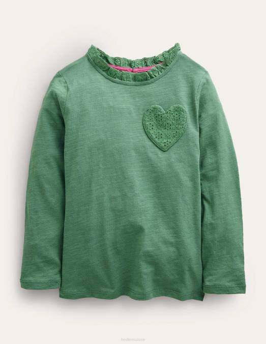 Boden vêtements romarin vert filles haut à manches longues et poche cœur LB2X2928